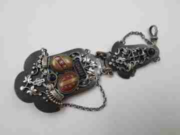 Chatelaine pocket watch. Blued metal, silver & enamels. 1871, Belt hook