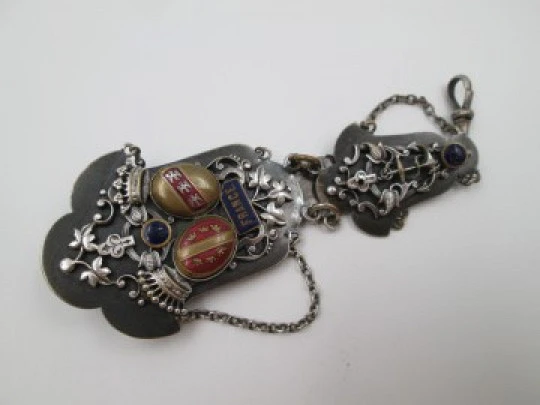 Chatelaine pocket watch. Blued metal, silver & enamels. 1871, Belt hook