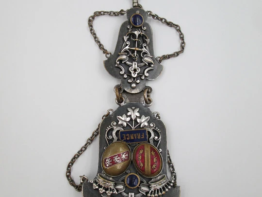 Chatelaine pocket watch. Blued metal, silver & enamels. 1871, Belt hook