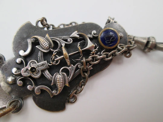 Chatelaine pocket watch. Blued metal, silver & enamels. 1871, Belt hook