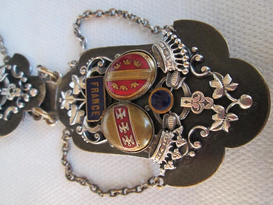 Chatelaine pocket watch. Blued metal, silver & enamels. 1871, Belt hook