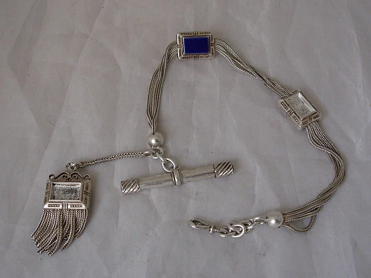 Chatelaine. Silver and blue stones. Multi-thread chain. Charm and key. 1900's