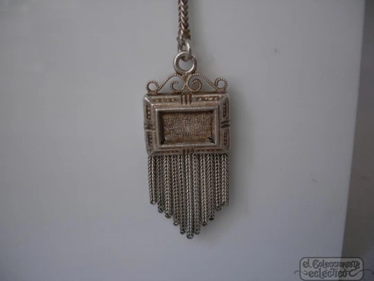 Chatelaine. Silver and blue stones. Multi-thread chain. Charm and key. 1900's