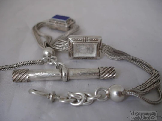 Chatelaine. Silver and blue stones. Multi-thread chain. Charm and key. 1900's