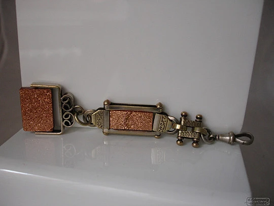 Chatelaine. Silver plated metal. 1910-1920's. Golden stones. Karabiner