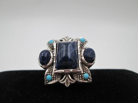 Chevalier style women's ring. Sterling silver & 18k gold. Turquoises and lapis lazuli. 1950's
