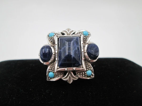 Chevalier style women's ring. Sterling silver & 18k gold. Turquoises and lapis lazuli. 1950's