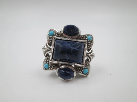 Chevalier style women's ring. Sterling silver & 18k gold. Turquoises and lapis lazuli. 1950's
