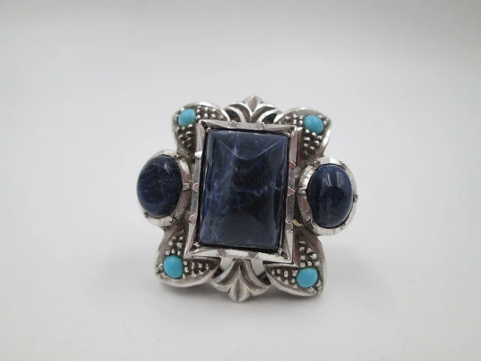 Chevalier style women's ring. Sterling silver & 18k gold. Turquoises and lapis lazuli. 1950's