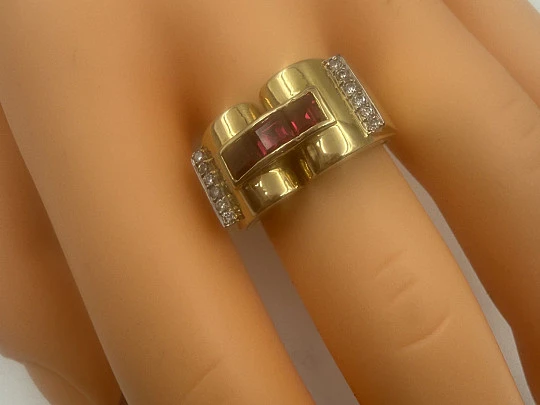 Chevalier women's ring. 18 karat yellow gold. Rubies and diamonds. 1930's Chevalier women's ring. 18 karat yellow gold. Rubies and diamonds. 1930's