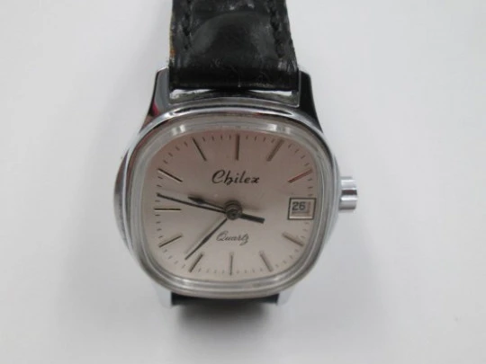 Chilex. Chromed metal. Quartz. Swiss. Woman. 1980's. Calendar