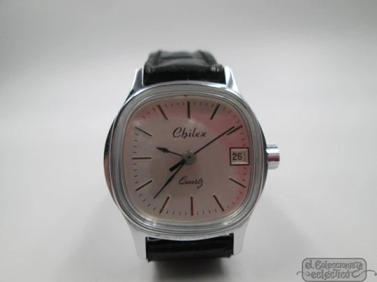 Chilex. Chromed metal. Quartz. Swiss. Woman. 1980's. Calendar