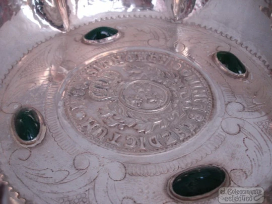 Chiselled silver plated centerpiece Green stones and shield. 1940's