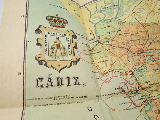 Chorographic charts. Coated fabric Cadiz map. Martin publisher. Colour. 1954