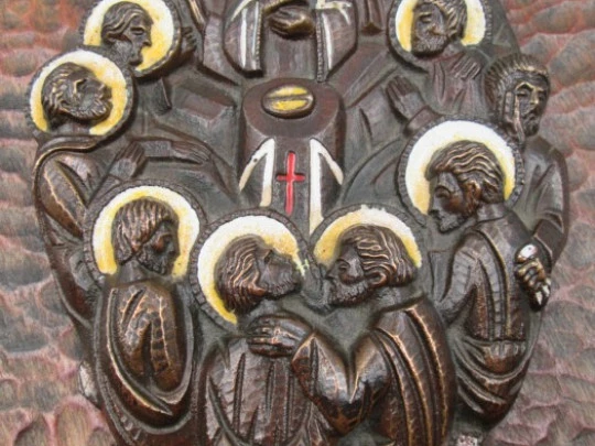 Christ and the Apostles wood plaque. Bronze & Enamel. 1940's. Spain