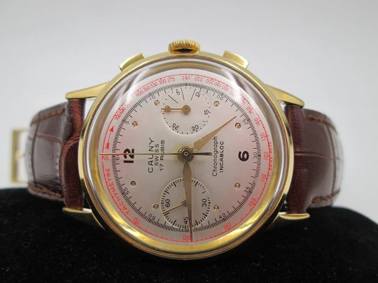 Chronograph Cauny Prima. 10 Micron gold plated. 1950's