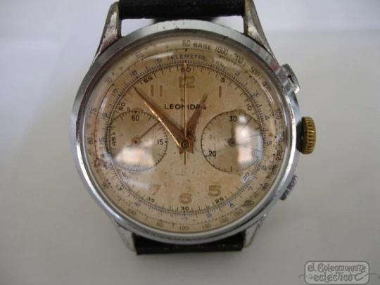 Chronograph Leonidas. 1950's. Chromed metal. Manual wind