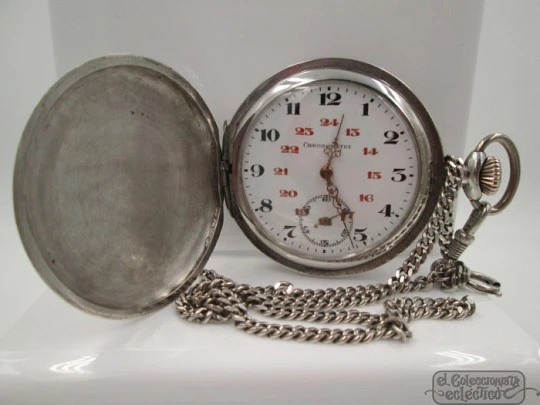 Chronometre. Hunter case. Niello silver. Stem-wind. 1910's. Chain