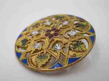 Circle openwork button. Gold plated and colours enamel. Flowers motifs. 1970's