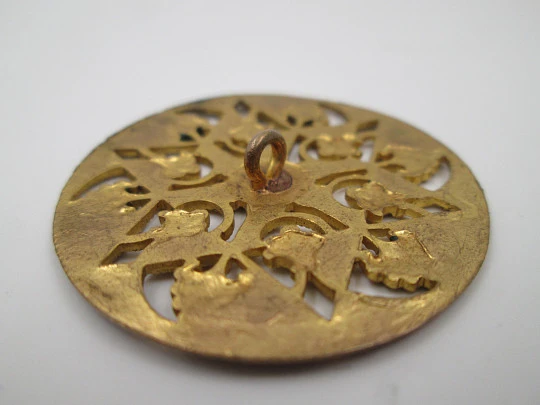 Circle openwork button. Gold plated and colours enamel. Flowers motifs. 1970's