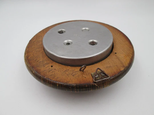 Circular wall barometer. Wood and brass bezel. White porcelain dial. West Germany. 1960's