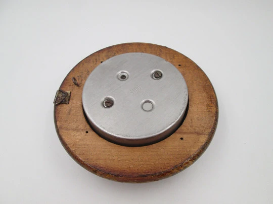 Circular wall barometer. Wood and brass bezel. White porcelain dial. West Germany. 1960's