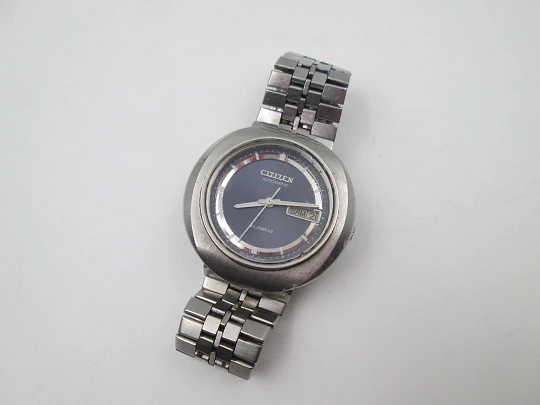 Citizen. Acero inoxidable. Automático. Esfera azul. Caja elíptica. Brazalete. Calendario. 1970 Citizen. Acero inoxidable. Automático. Esfera azul. Caja elíptica. Brazalete. Calendario. 1970