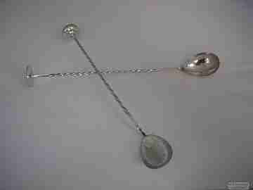 Cocktail mixer bar two spoons with muddler. Silver. 1950's