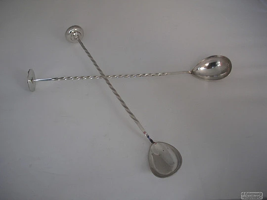 Cocktail mixer bar two spoons with muddler. Silver. 1950's