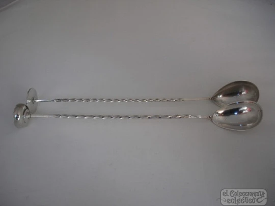 Cocktail mixer bar two spoons with muddler. Silver. 1950's