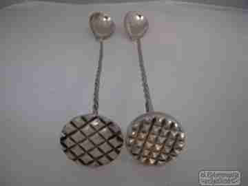 Cocktail mixer bar two spoons with muddler. Silver. 1950's