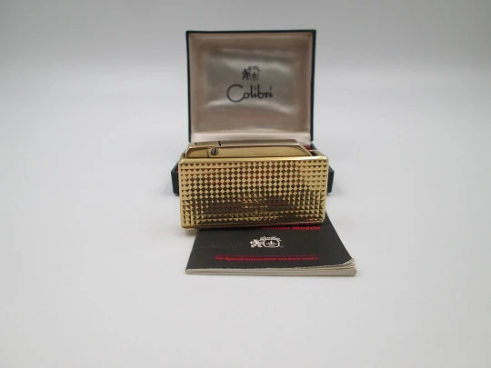 Colibri Mini Monogas pocket lighter. Gold plated. Diamond pattern. Box. England. 1970's