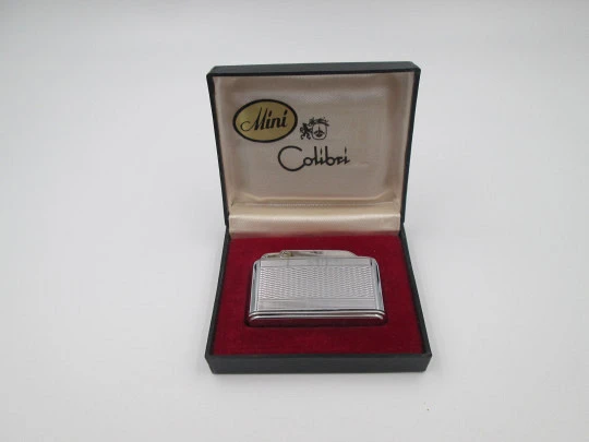 Colibri Mini Monogas pocket lighter. Silver plated metal. Diamond pattern. Box. England