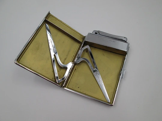 Colibri Monopol cigarette case and lighter. Silver plated metal. Petrol. 1960's