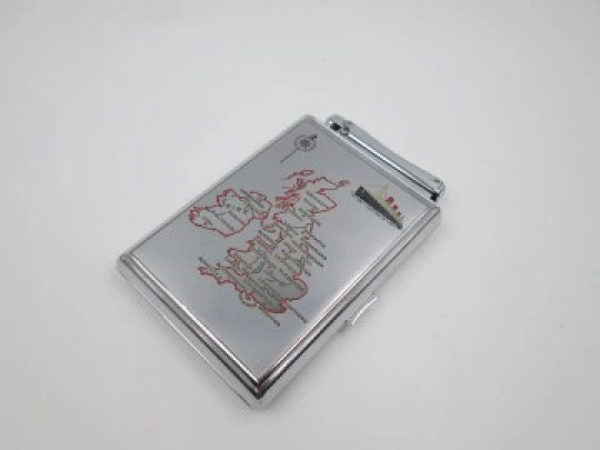 Colibri Monopol cigarette case and lighter. Silver plated metal. Petrol. UK map. 1960's