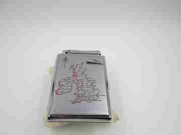 Colibri Monopol cigarette case and lighter. Silver plated metal. Petrol. UK map. 1960's