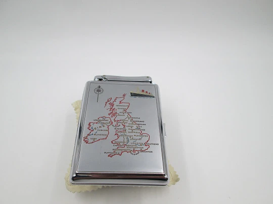 Colibri Monopol cigarette case and lighter. Silver plated metal. Petrol. UK map. 1960's