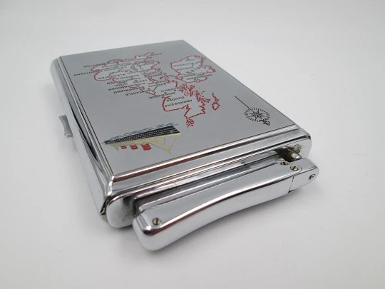 Colibri Monopol cigarette case and lighter. Silver plated metal. Petrol. UK map. 1960's