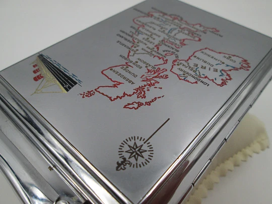 Colibri Monopol cigarette case and lighter. Silver plated metal. Petrol. UK map. 1960's