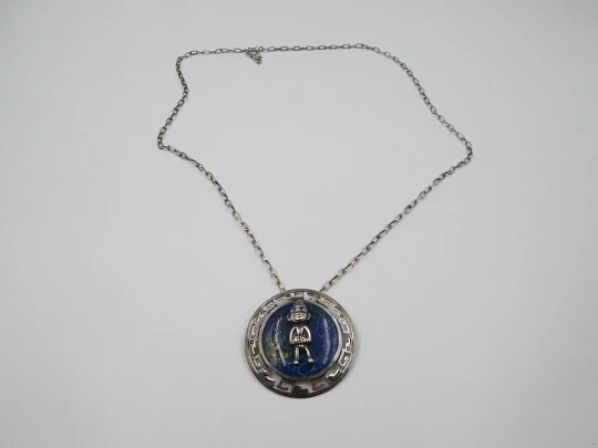 Collar mujer plata de ley y esmalte de colores. Cadena eslabones y colgante ídolo inca. 1970