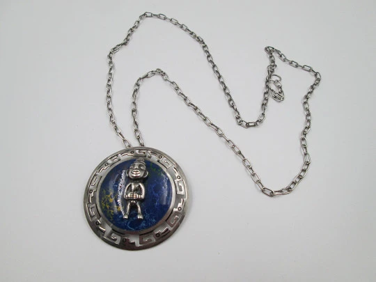 Collar mujer plata de ley y esmalte de colores. Cadena eslabones y colgante ídolo inca. 1970