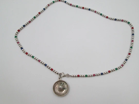 Collar mujer plata de ley. Cordón con esferas y colgante sombrero. 1980