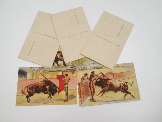 Collection of seven colored bullfighting postcards. Pablo Dümmatxen editions. 1940's