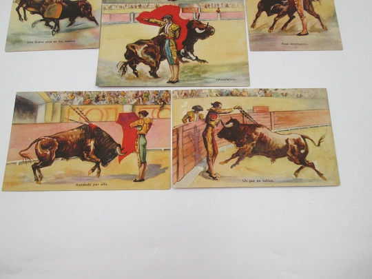 Collection of seven colored bullfighting postcards. Pablo Dümmatxen editions. 1940's