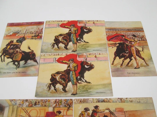 Collection of seven colored bullfighting postcards. Pablo Dümmatxen editions. 1940's