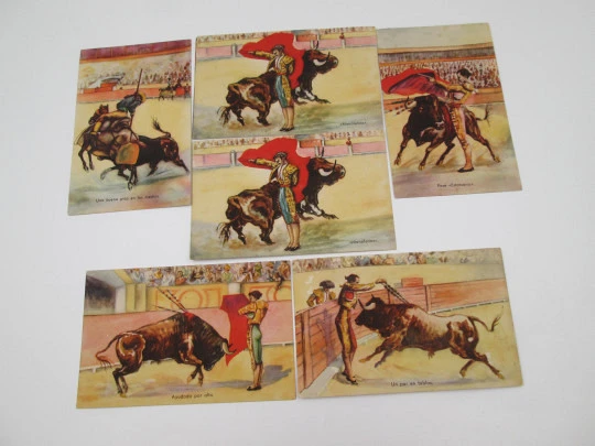 Collection of seven colored bullfighting postcards. Pablo Dümmatxen editions. 1940's
