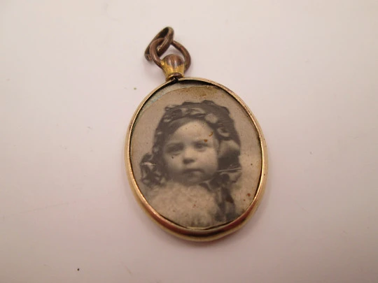 Collection of three antique photo frame pendants. Gold and silver metal. 1910's