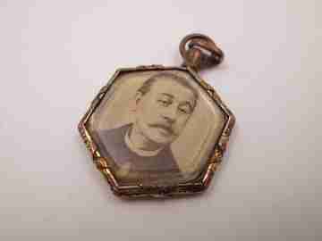 Collection of three antique photo frame pendants. Gold and silver metal. 1910's
