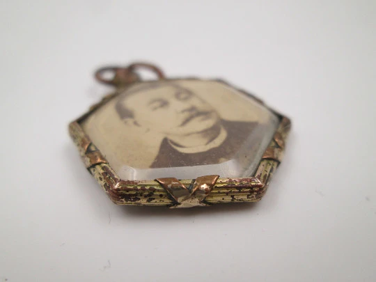 Collection of three antique photo frame pendants. Gold and silver metal. 1910's