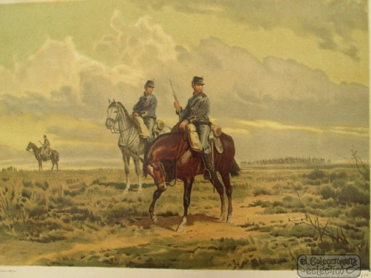 Colour engraving / lithography. A scouting group cavalry. Salvat & Cía. 1890